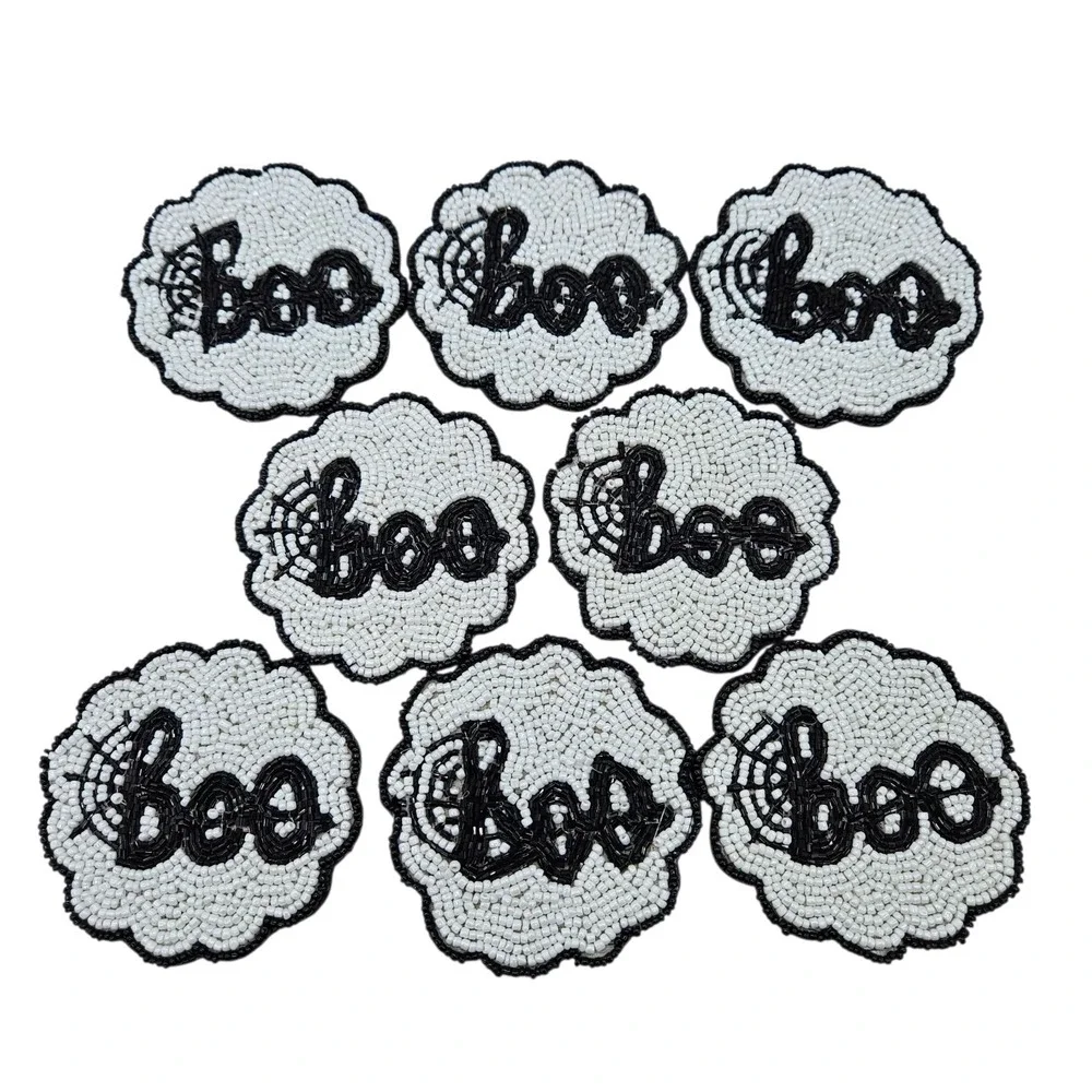 8 Beaded Halloween Coasters BOO Spiderweb Black and White Set of 8